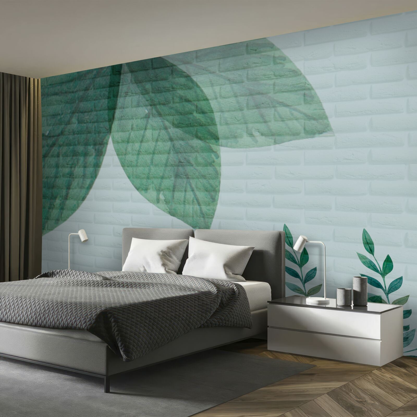 Фотошпалери акварельне зелене листя на цегляній стіні