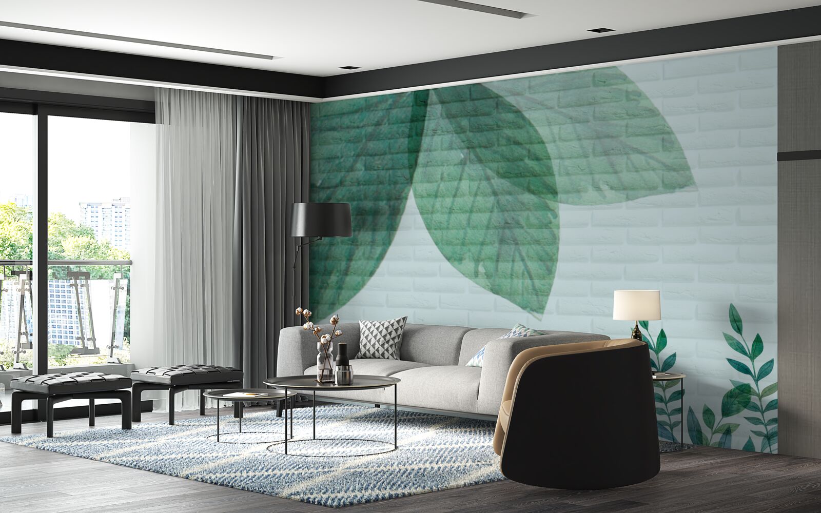 Фотошпалери акварельне зелене листя на цегляній стіні