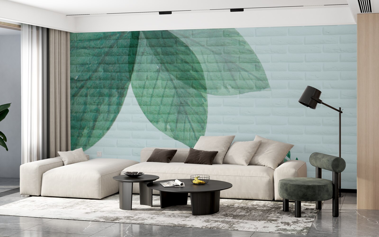 Фотошпалери акварельне зелене листя на цегляній стіні