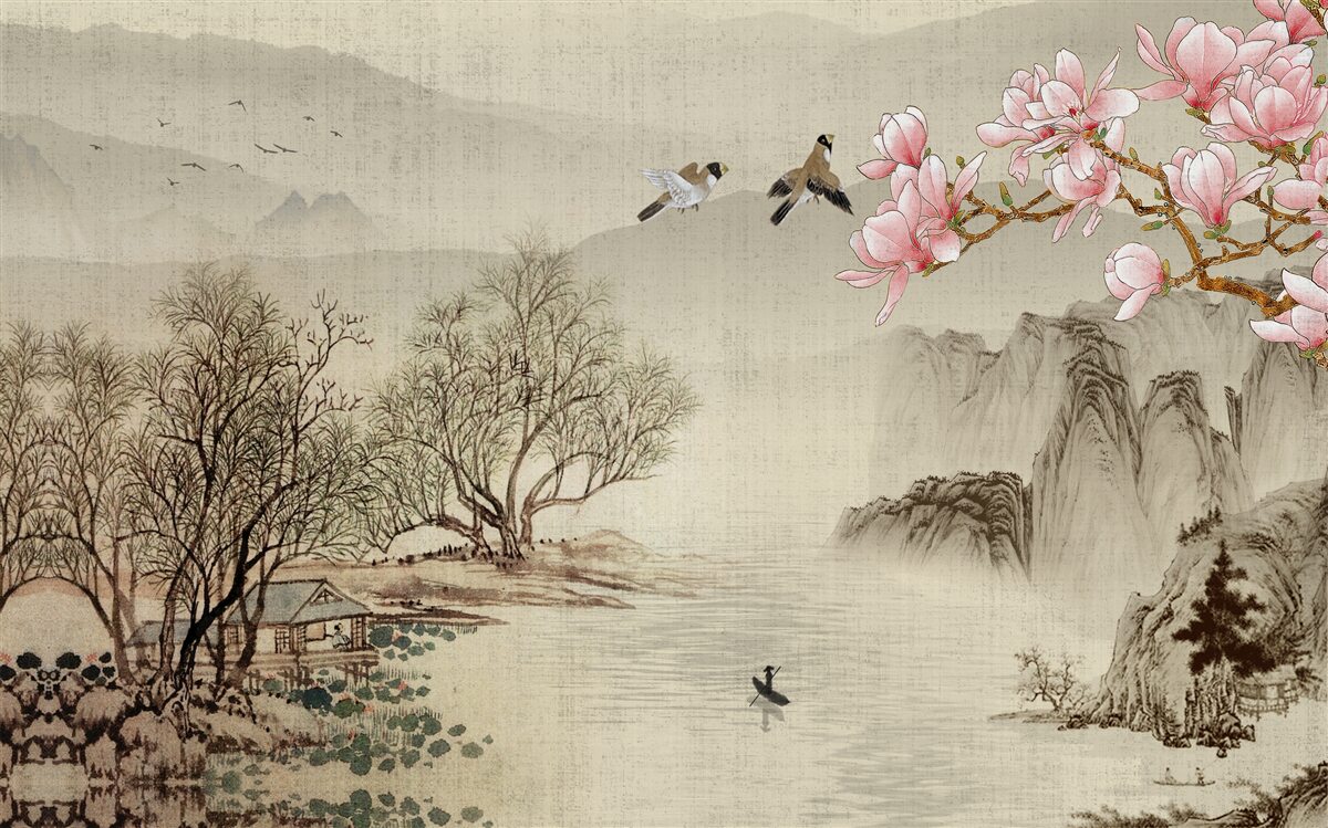 Фотошпалери квітуча магнолія та спокійна річка в горах