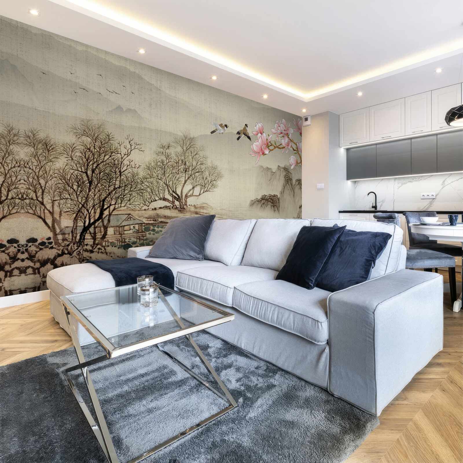 Фотошпалери квітуча магнолія та спокійна річка в горах