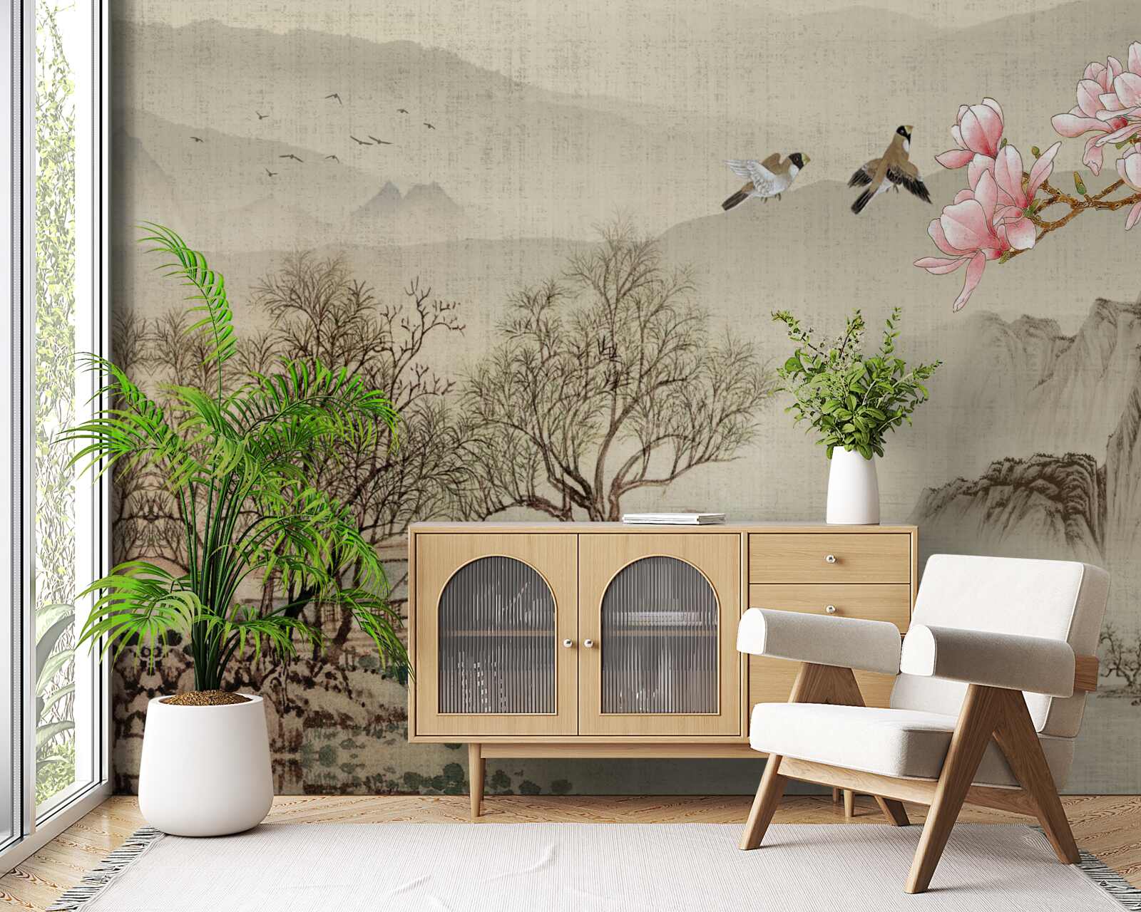 Фотошпалери квітуча магнолія та спокійна річка в горах