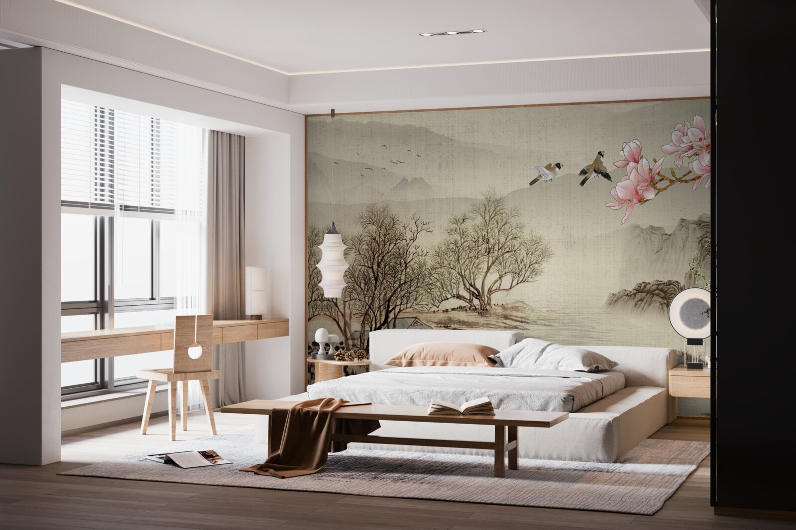 Фотошпалери квітуча магнолія та спокійна річка в горах