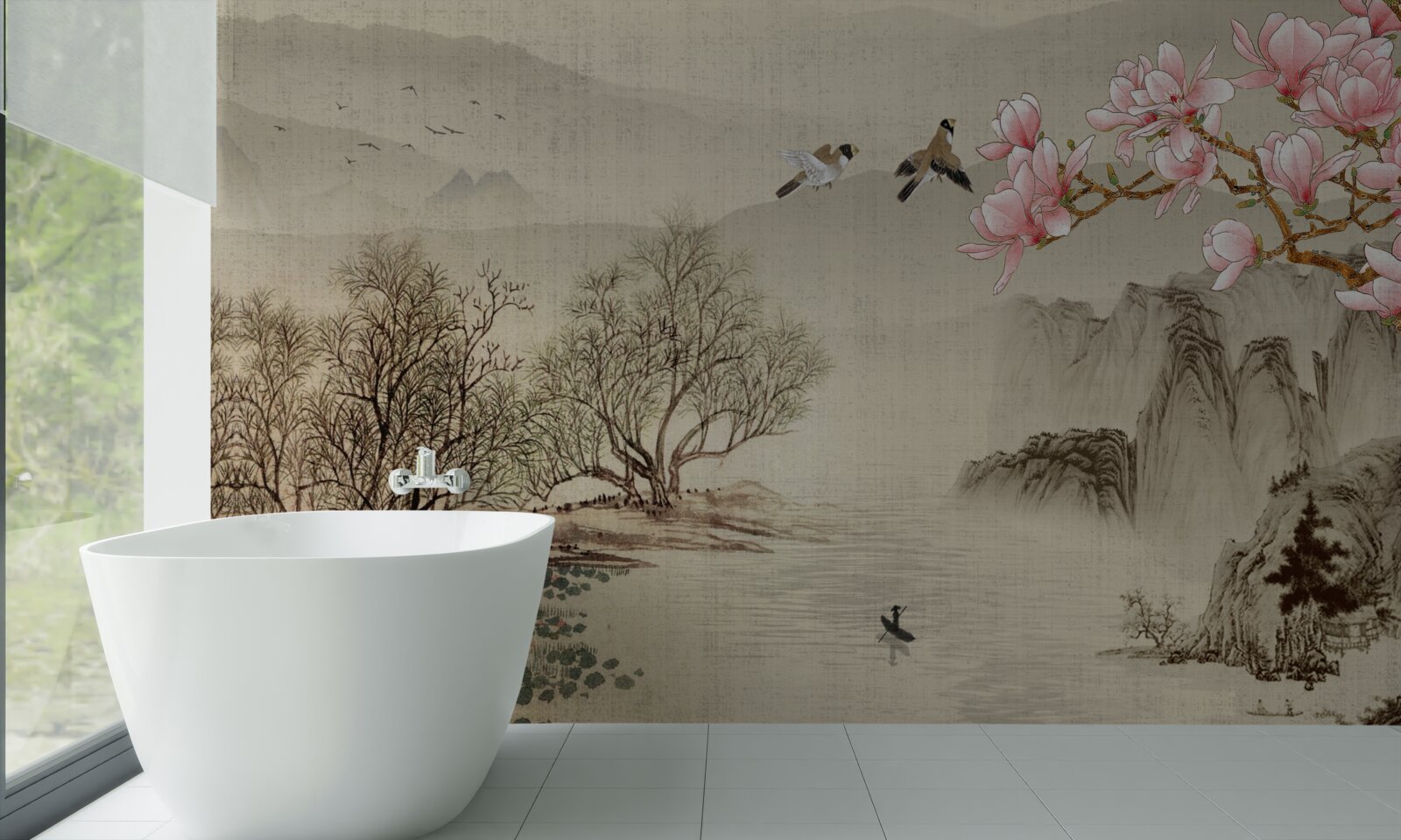 Фотошпалери квітуча магнолія та спокійна річка в горах