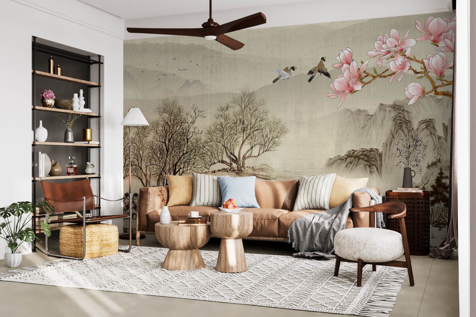 Фотошпалери квітуча магнолія та спокійна річка в горах