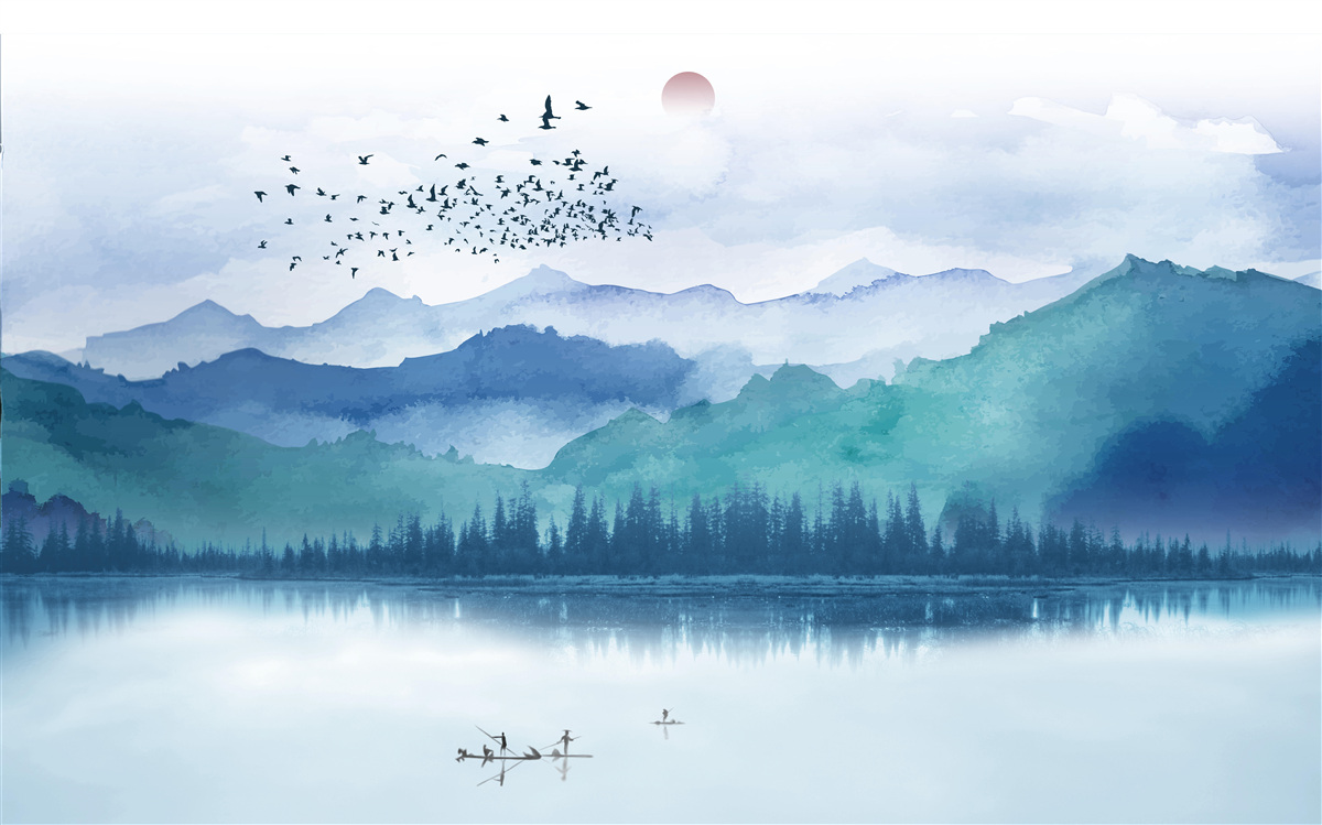 Фотошпалери зграя птахів, що перелітає через гірське озеро на тлі призахідного сонця