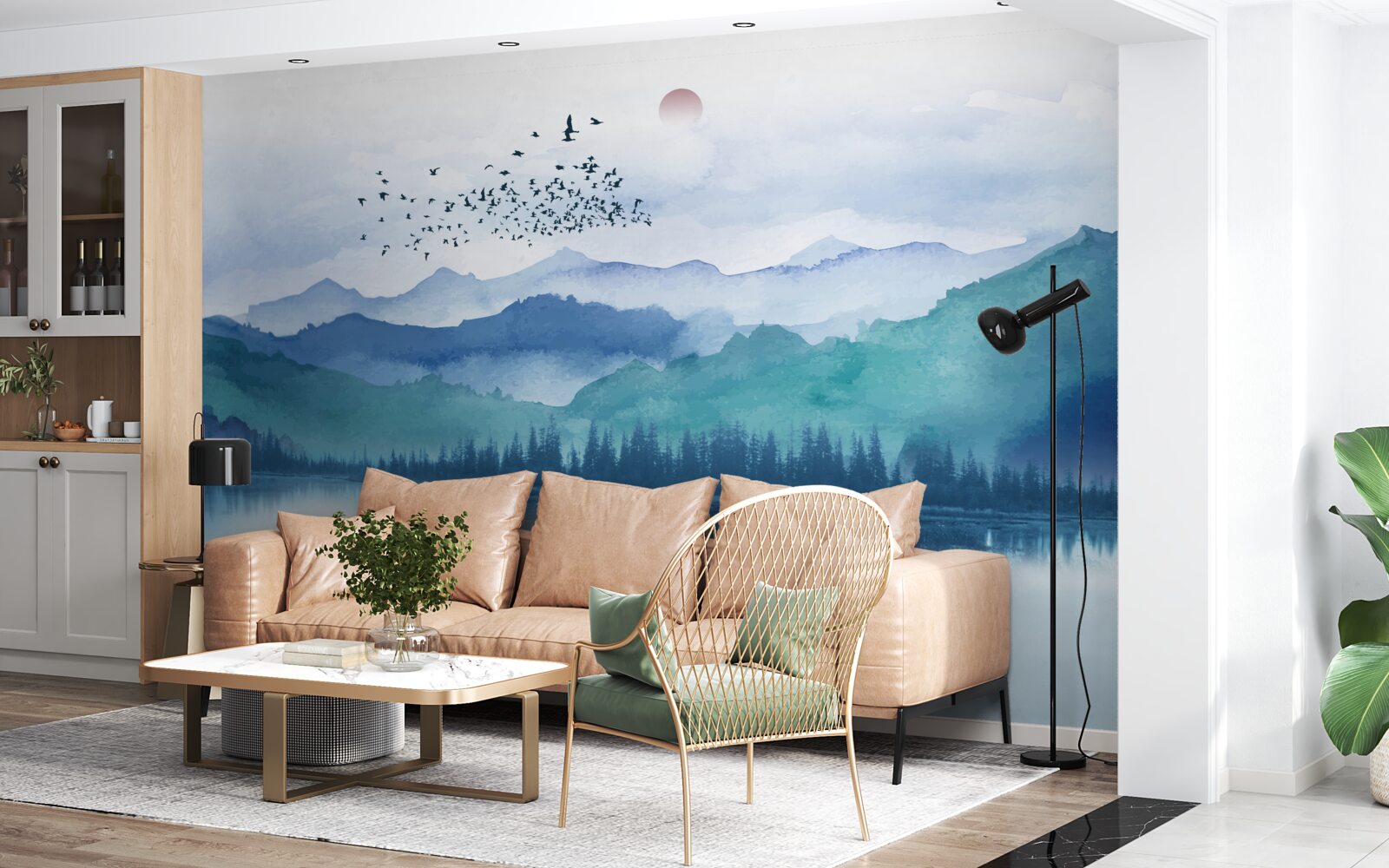 Фотошпалери зграя птахів, що перелітає через гірське озеро на тлі призахідного сонця