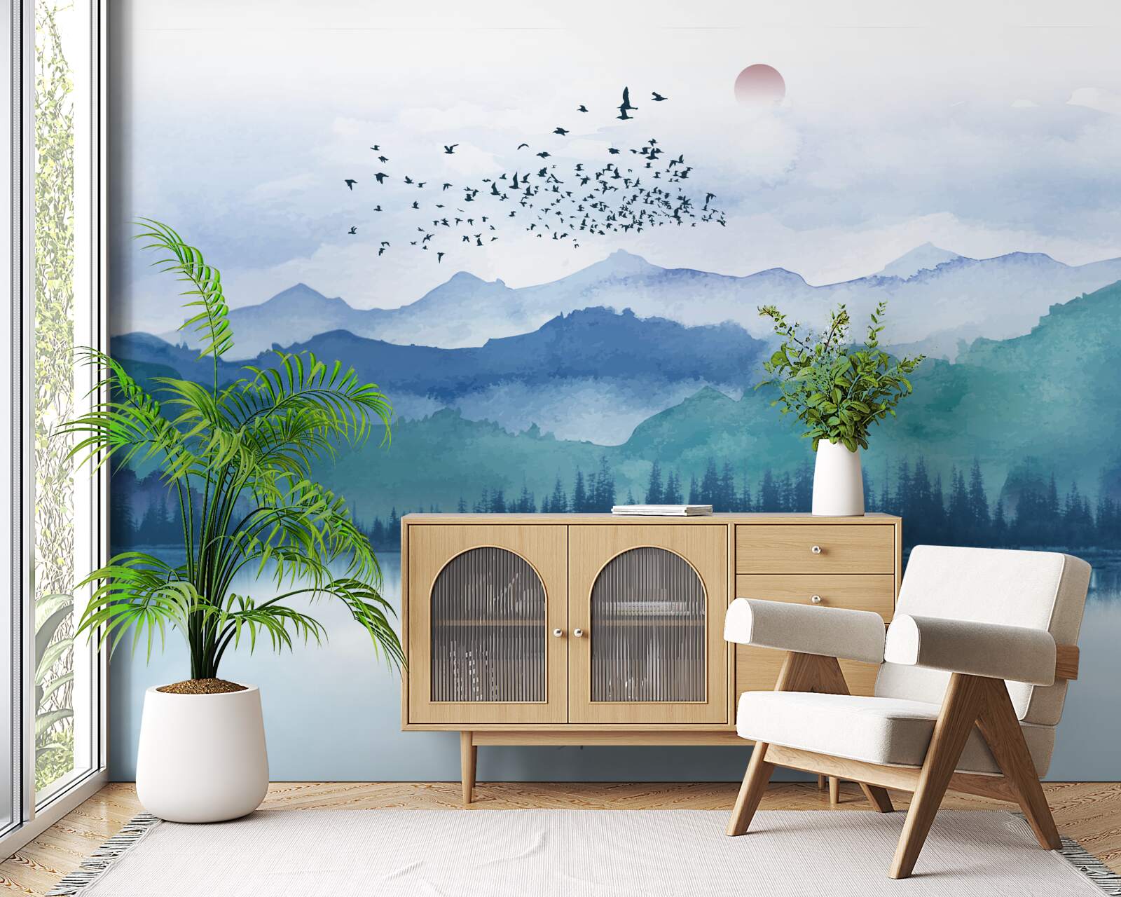 Фотошпалери зграя птахів, що перелітає через гірське озеро на тлі призахідного сонця