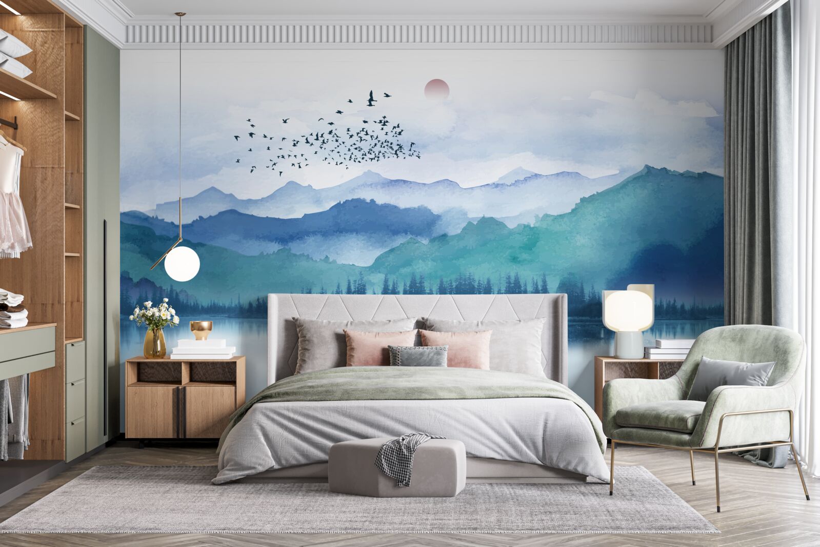 Фотошпалери зграя птахів, що перелітає через гірське озеро на тлі призахідного сонця