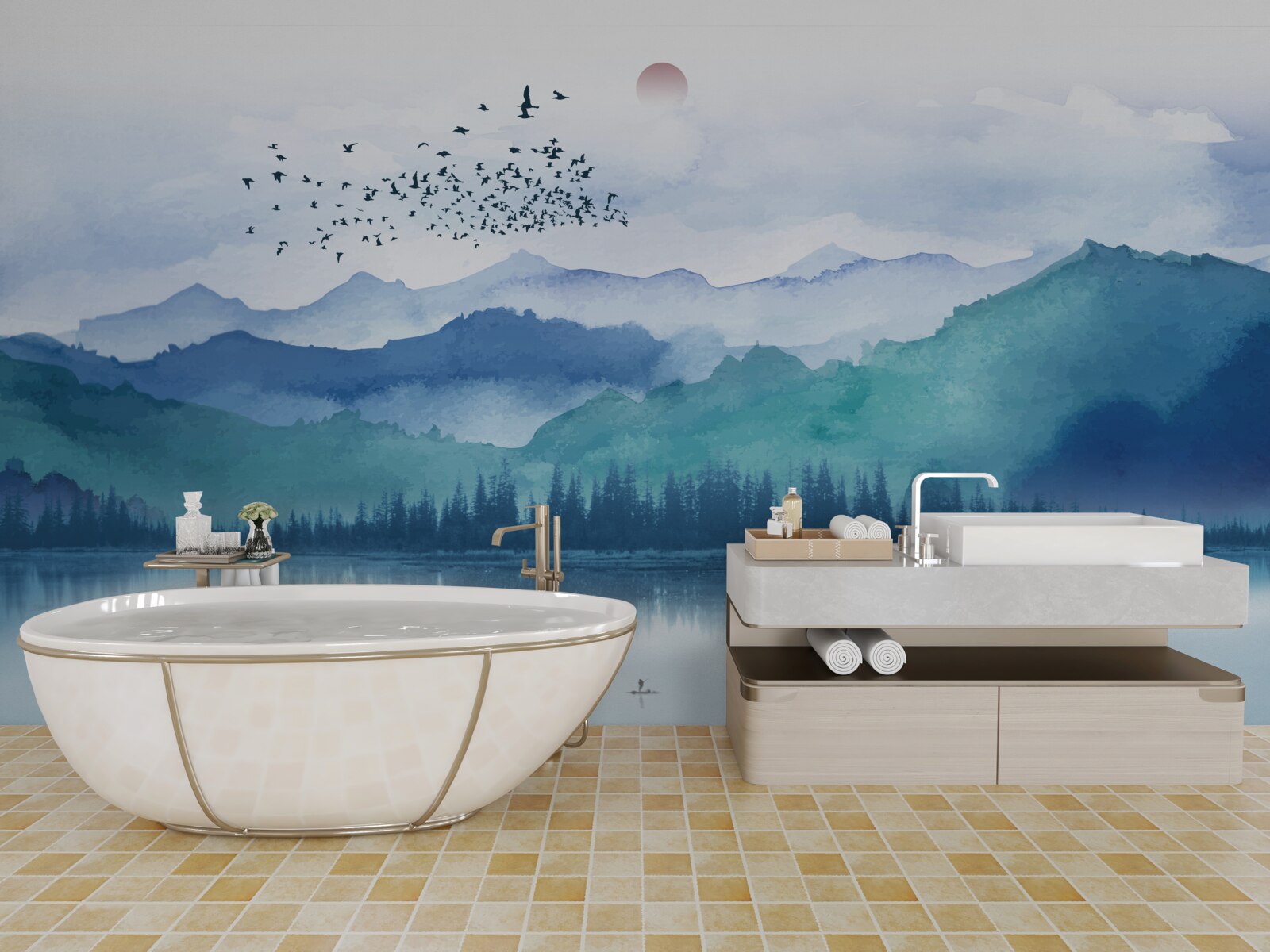 Фотошпалери зграя птахів, що перелітає через гірське озеро на тлі призахідного сонця