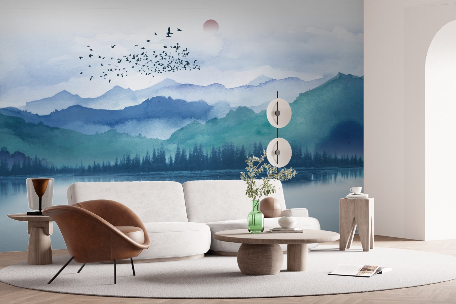 Фотошпалери зграя птахів, що перелітає через гірське озеро на тлі призахідного сонця