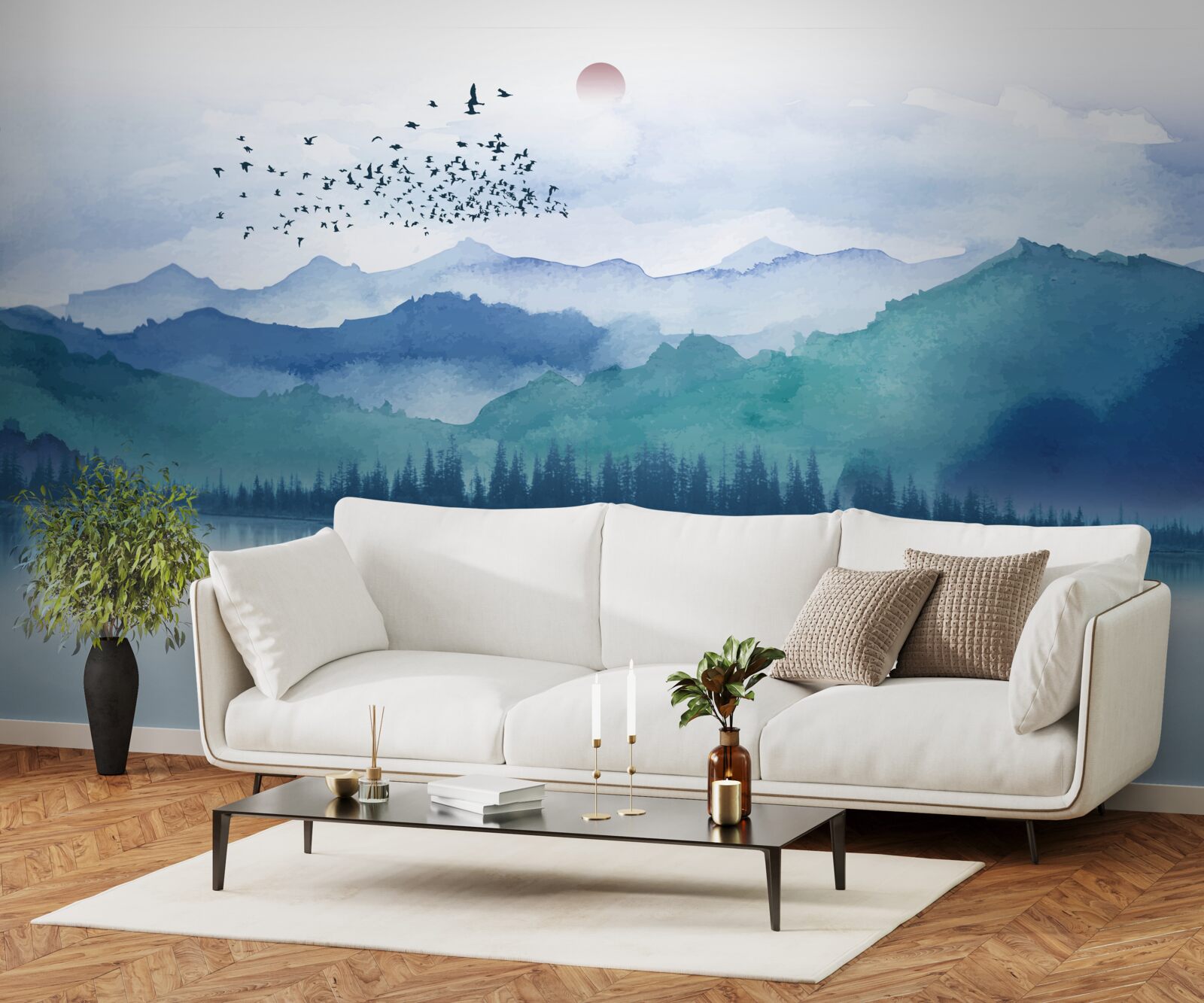 Фотошпалери зграя птахів, що перелітає через гірське озеро на тлі призахідного сонця