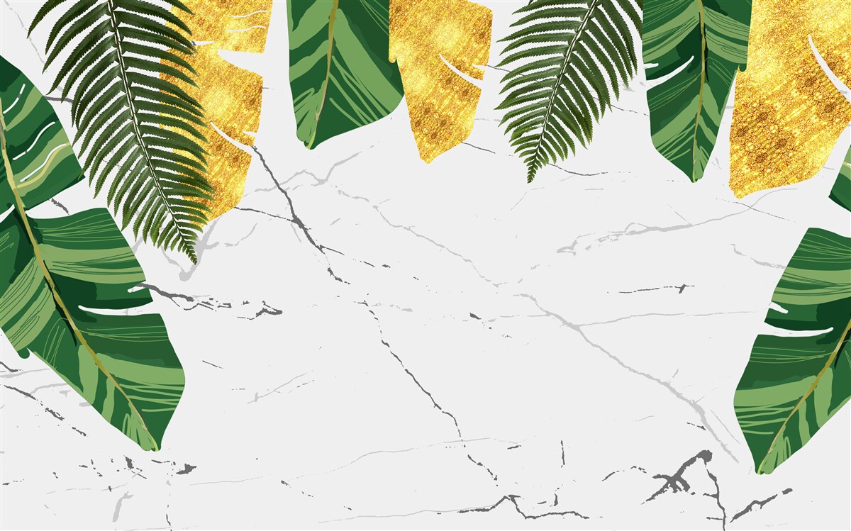 Фотошпалери зелене і жовте листя на білосніжному мармурі