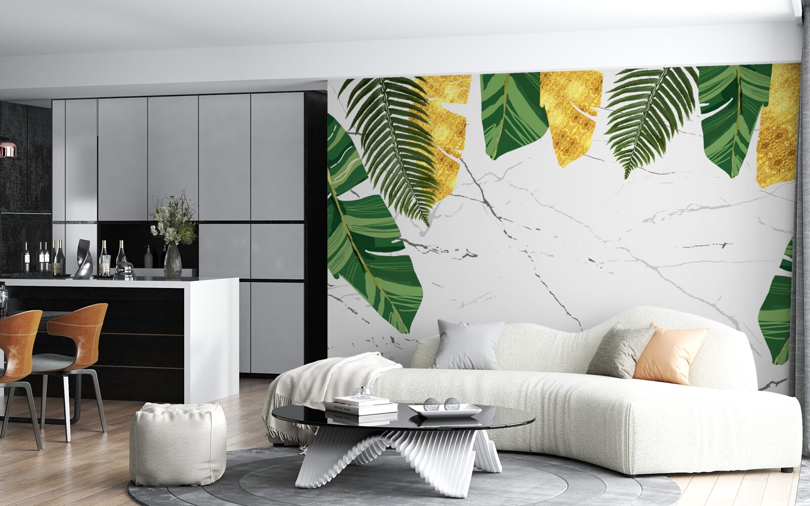 Фотошпалери зелене і жовте листя на білосніжному мармурі