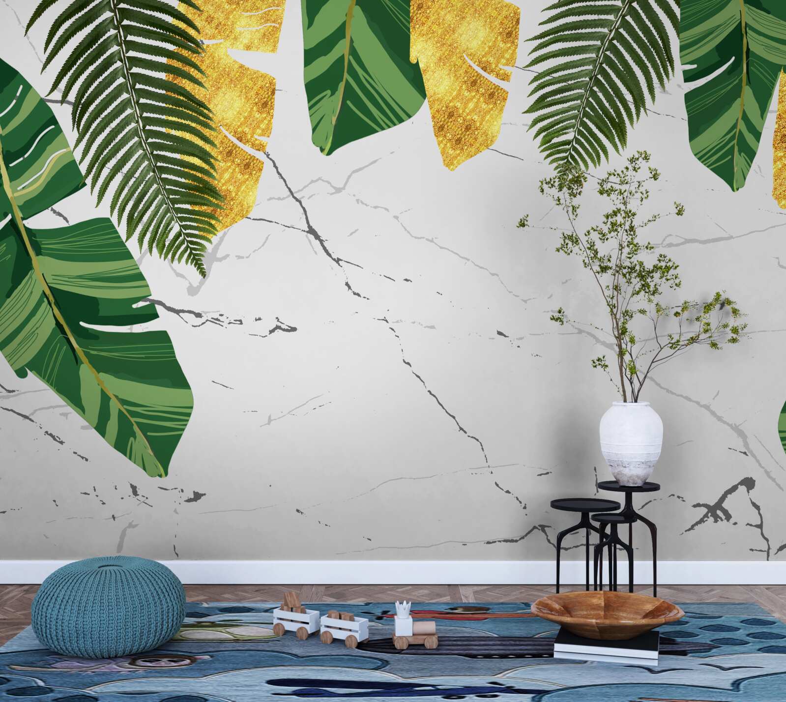 Фотошпалери зелене і жовте листя на білосніжному мармурі