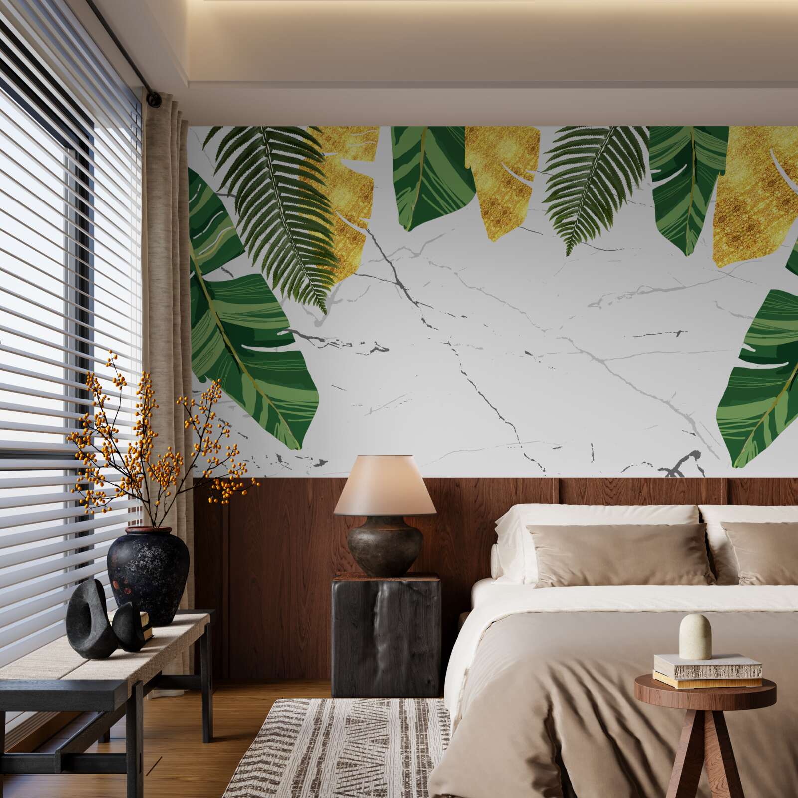 Фотошпалери зелене і жовте листя на білосніжному мармурі