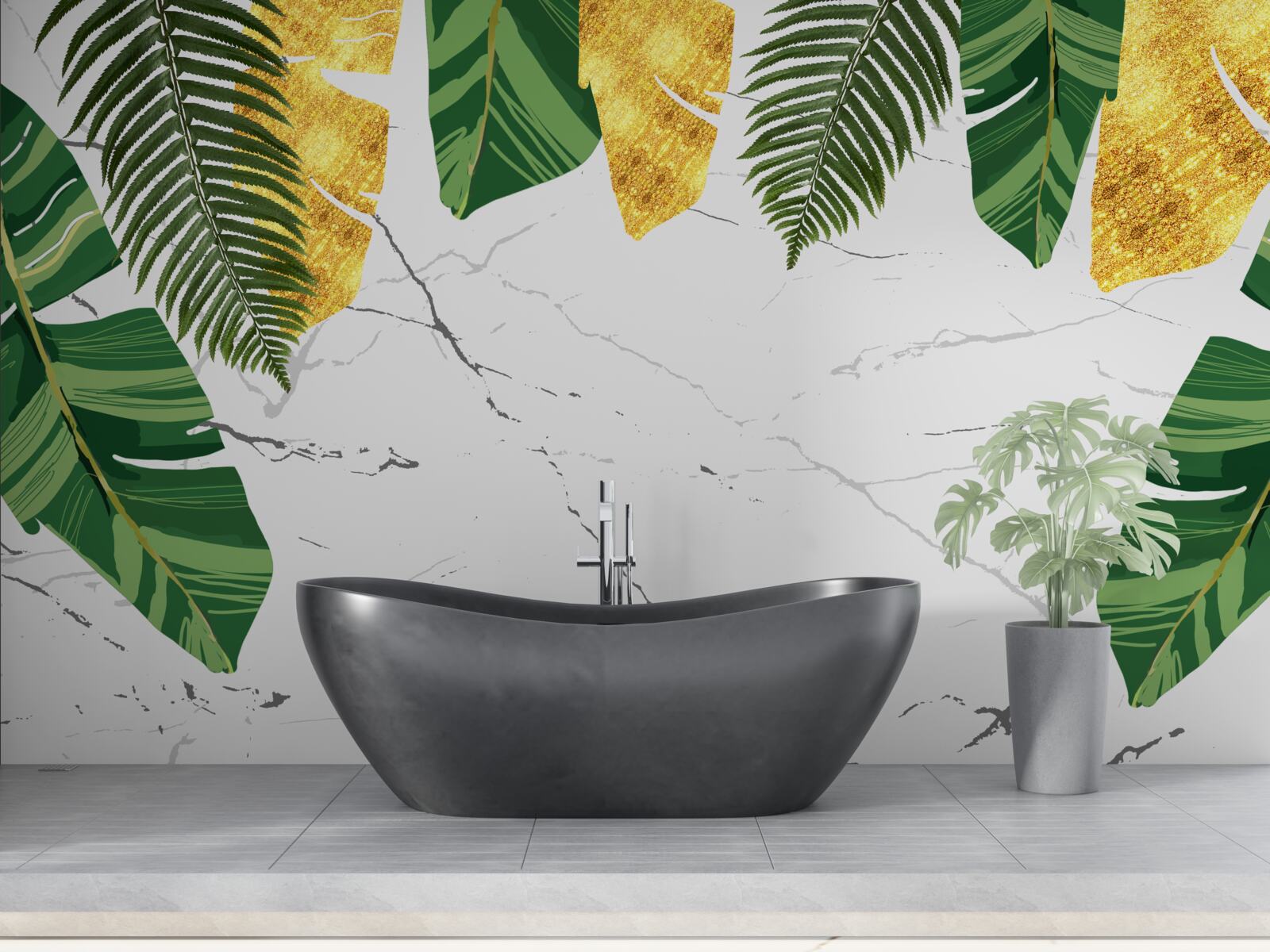 Фотошпалери зелене і жовте листя на білосніжному мармурі