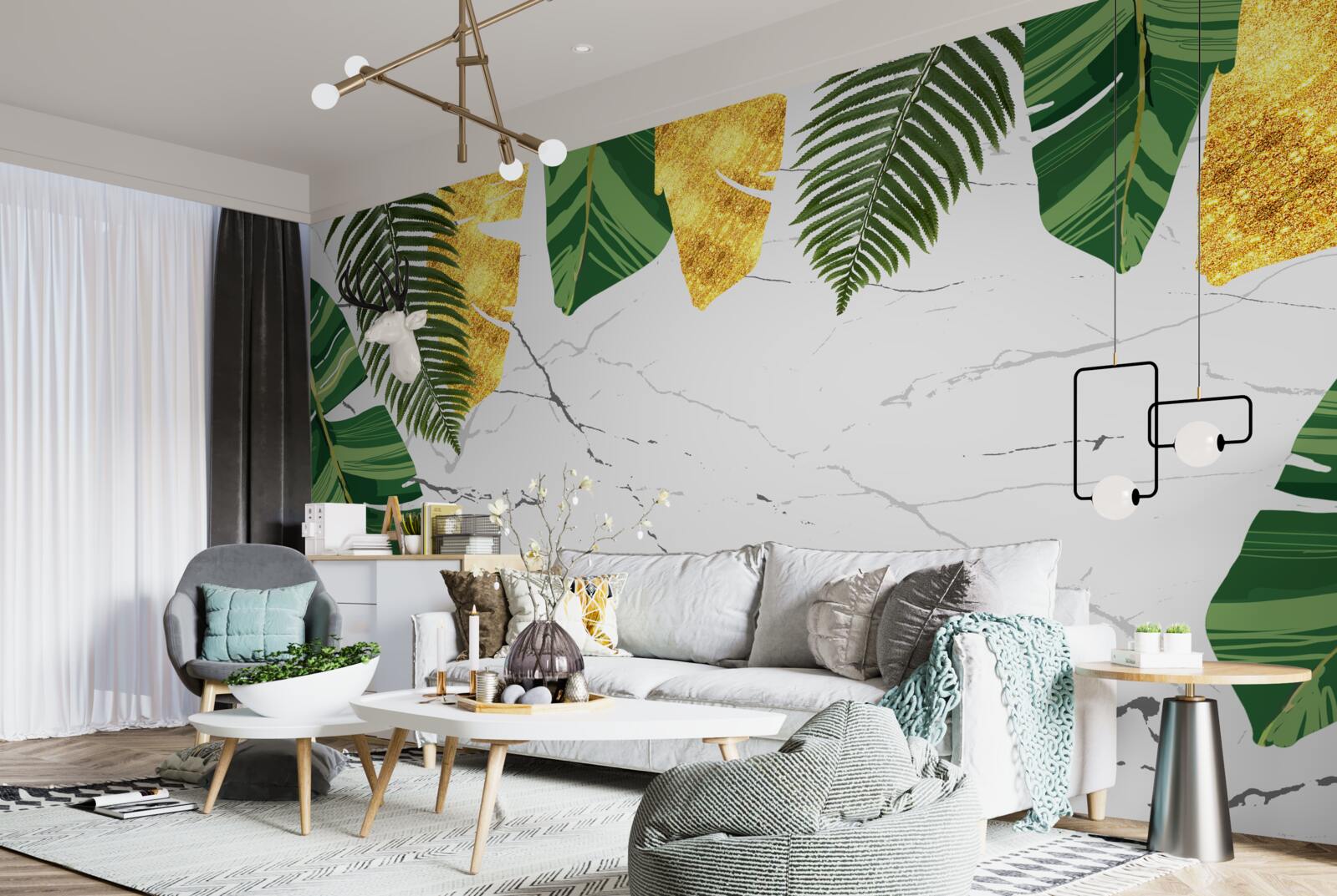 Фотошпалери зелене і жовте листя на білосніжному мармурі