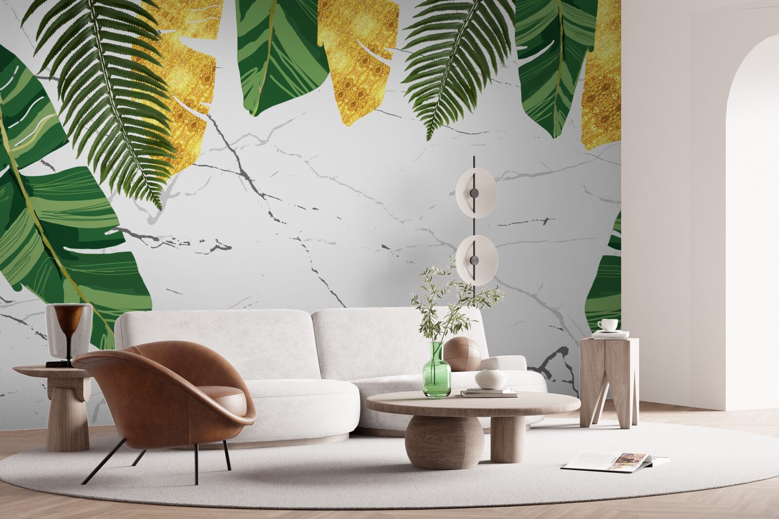 Фотошпалери зелене і жовте листя на білосніжному мармурі