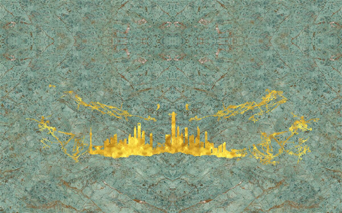 Фотошпалери зелений мармур, покритий золотими нитками