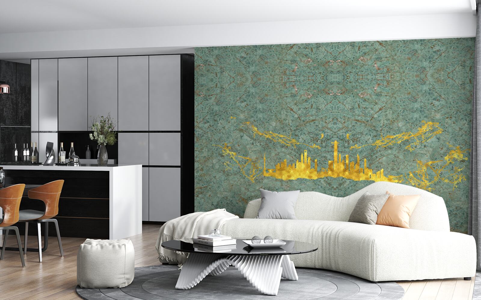 Фотошпалери зелений мармур, покритий золотими нитками