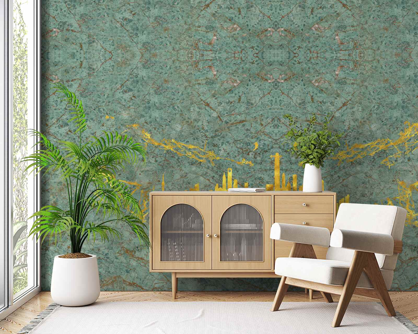 Фотошпалери зелений мармур, покритий золотими нитками