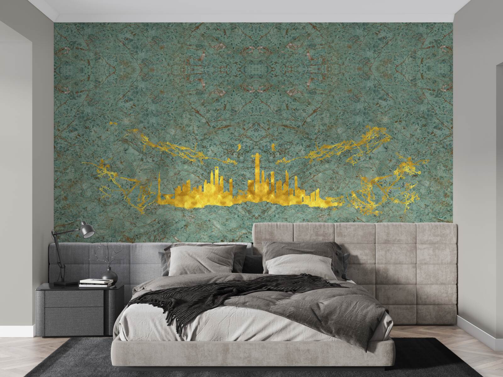 Фотошпалери зелений мармур, покритий золотими нитками