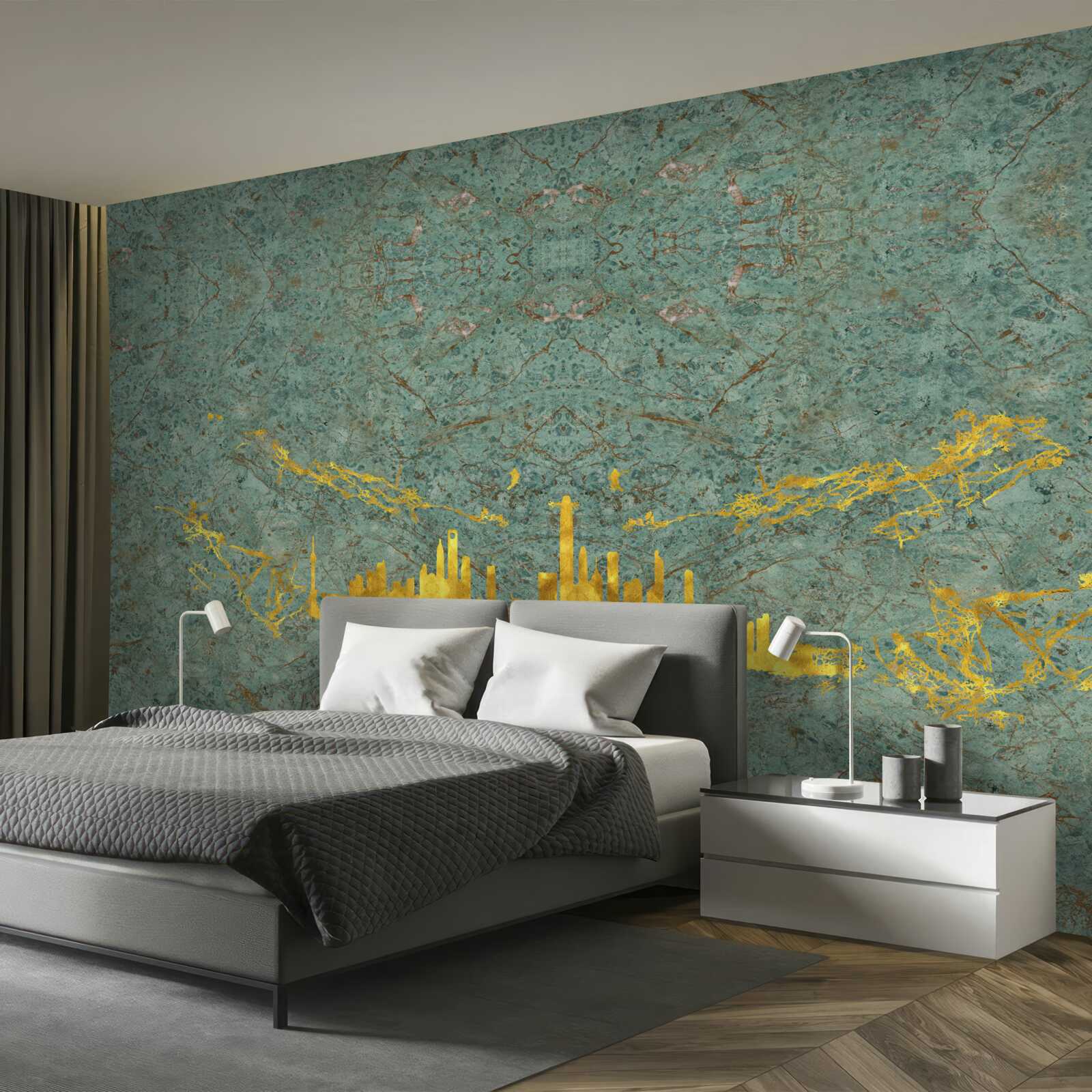 Фотошпалери зелений мармур, покритий золотими нитками