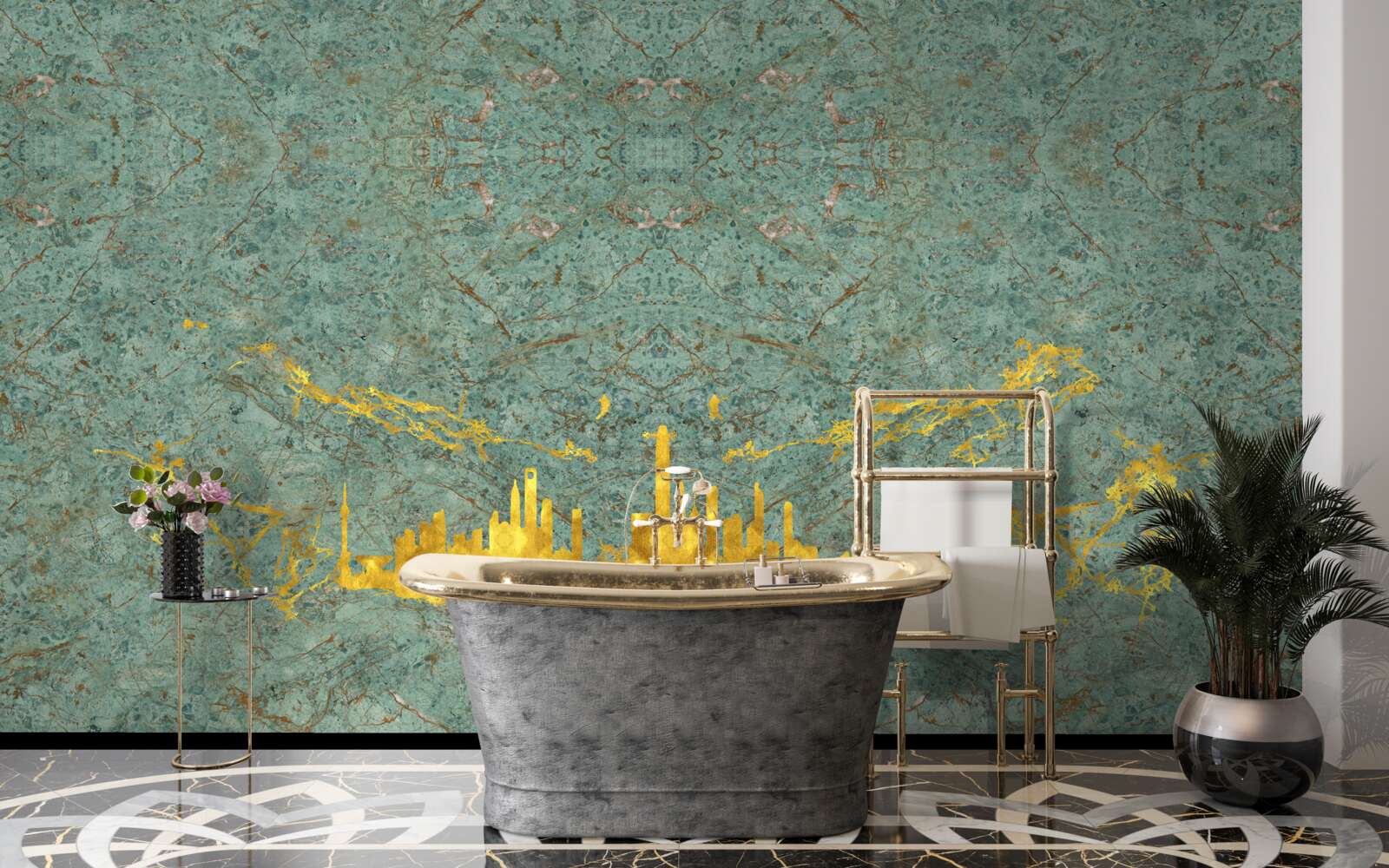 Фотошпалери зелений мармур, покритий золотими нитками