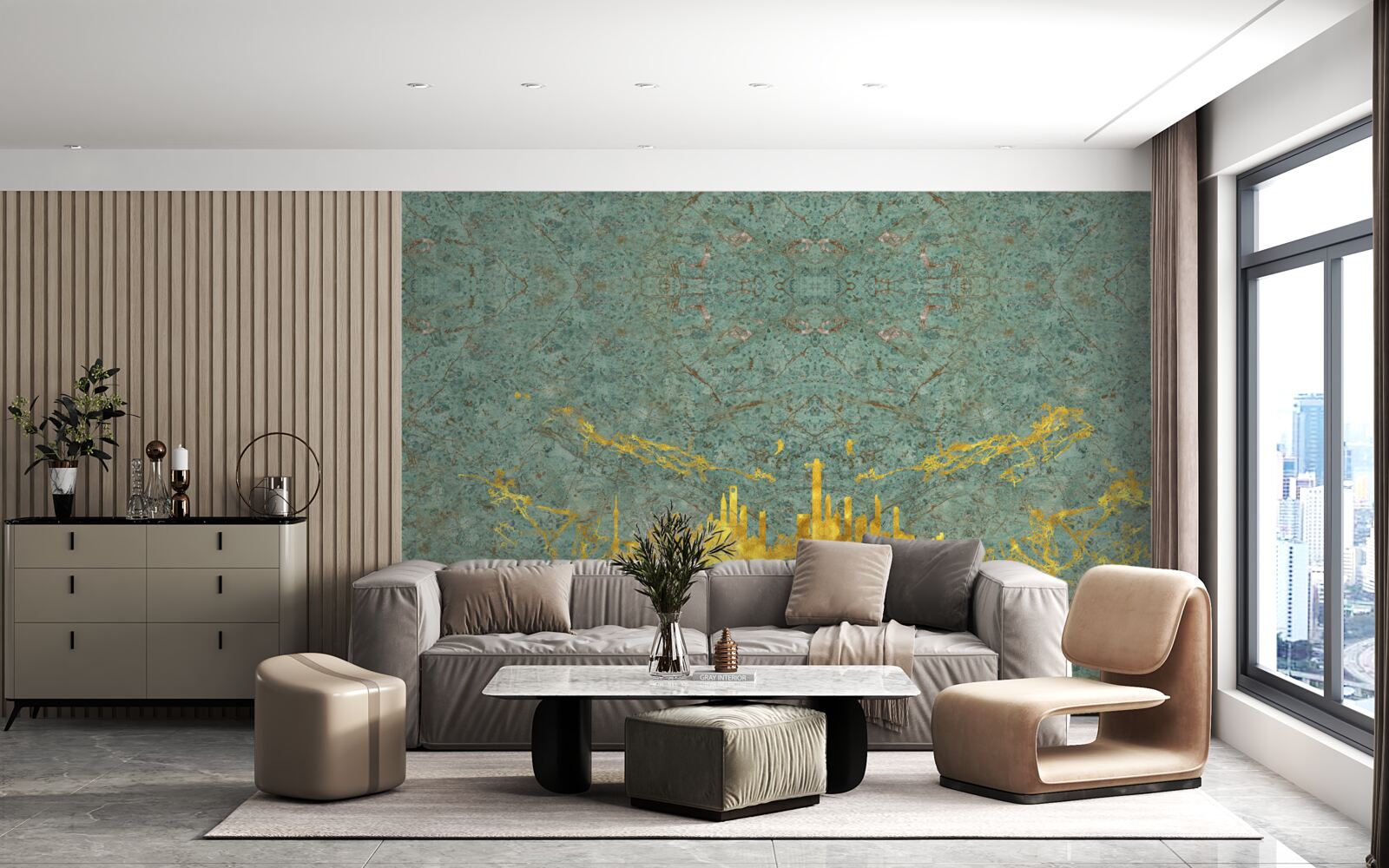 Фотошпалери зелений мармур, покритий золотими нитками