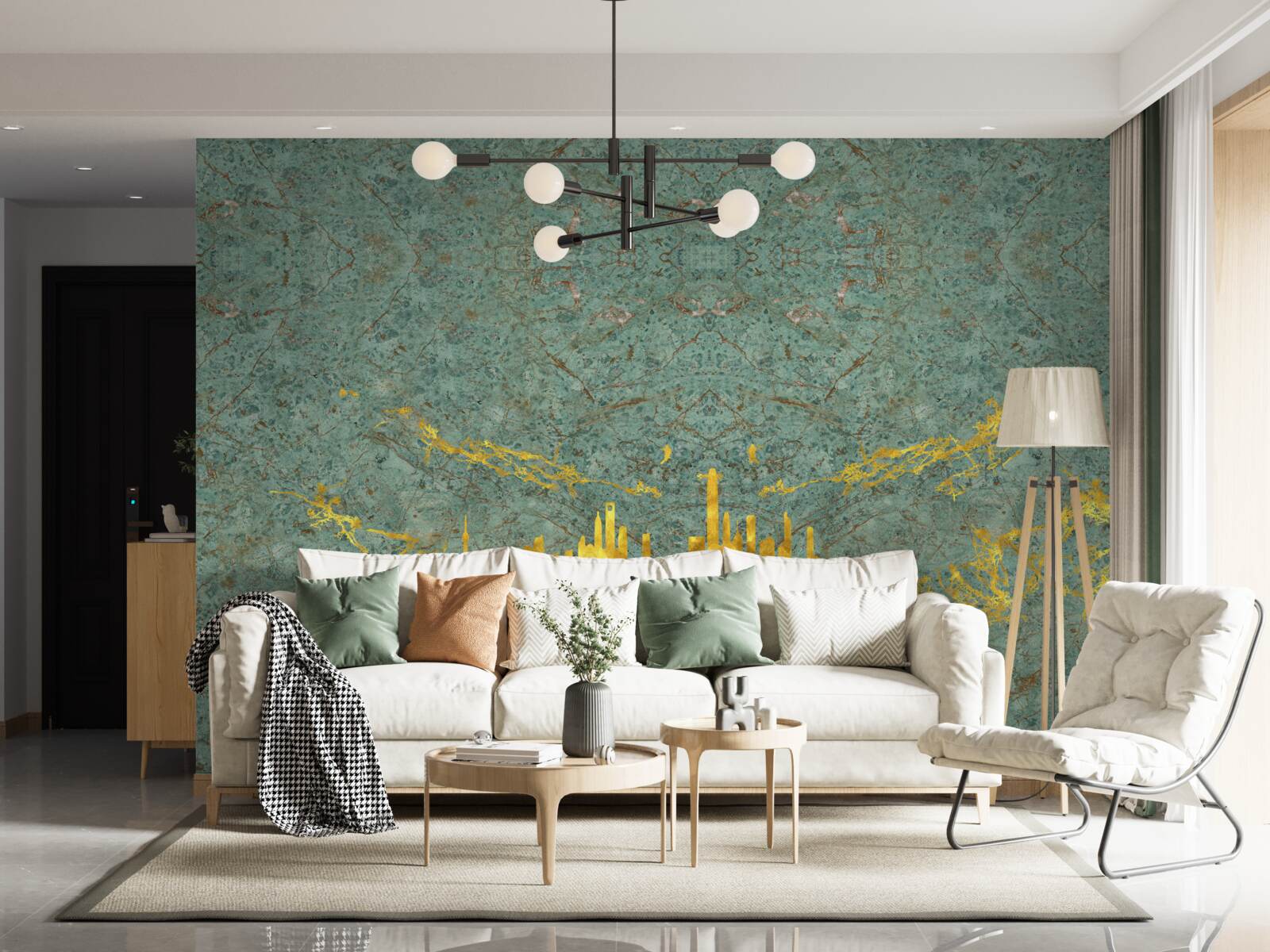 Фотошпалери зелений мармур, покритий золотими нитками