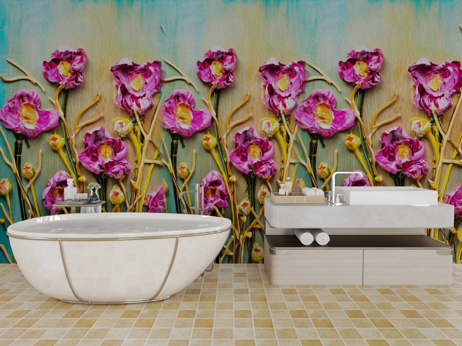 Фотошпалери абстрактні квіти, зображені олійною фарбою