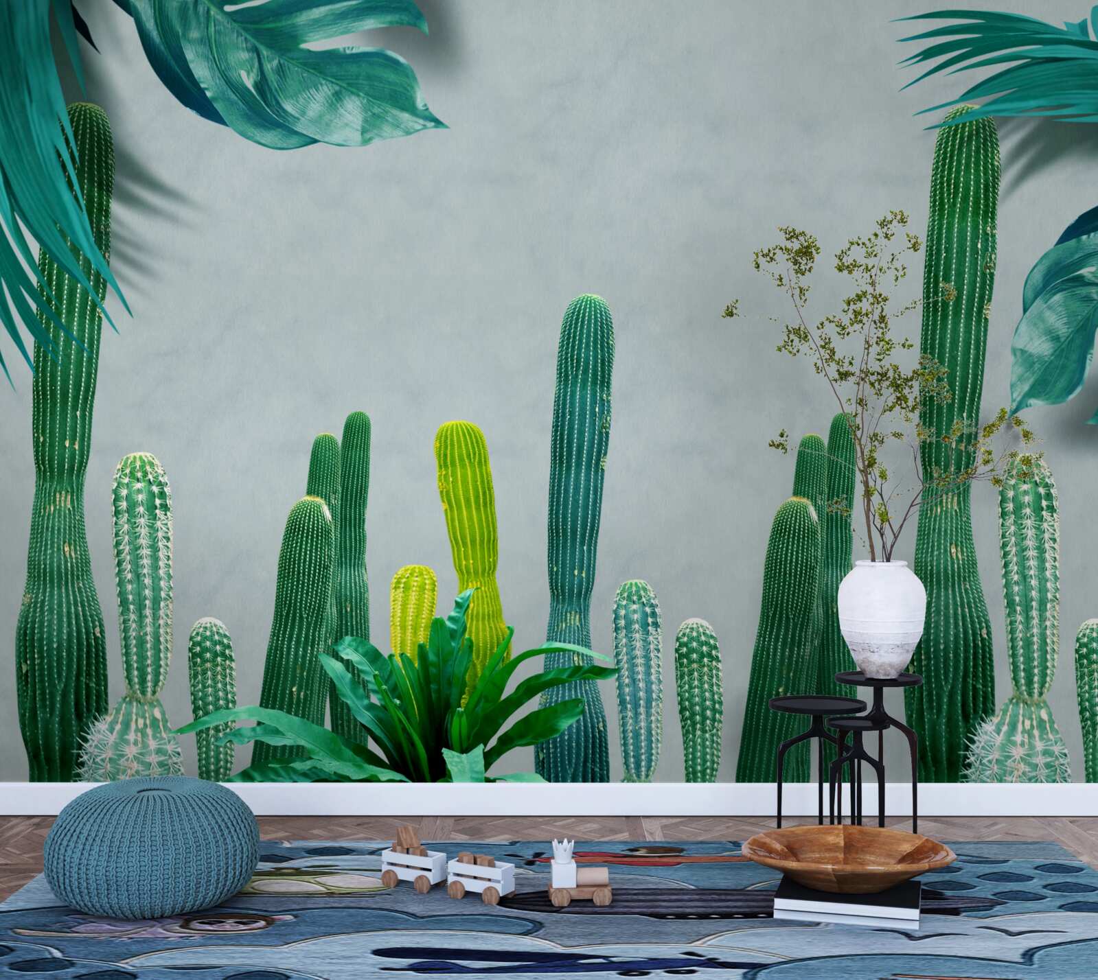 Фотошпалери тропічні пальми прикрашені зеленими кактусами