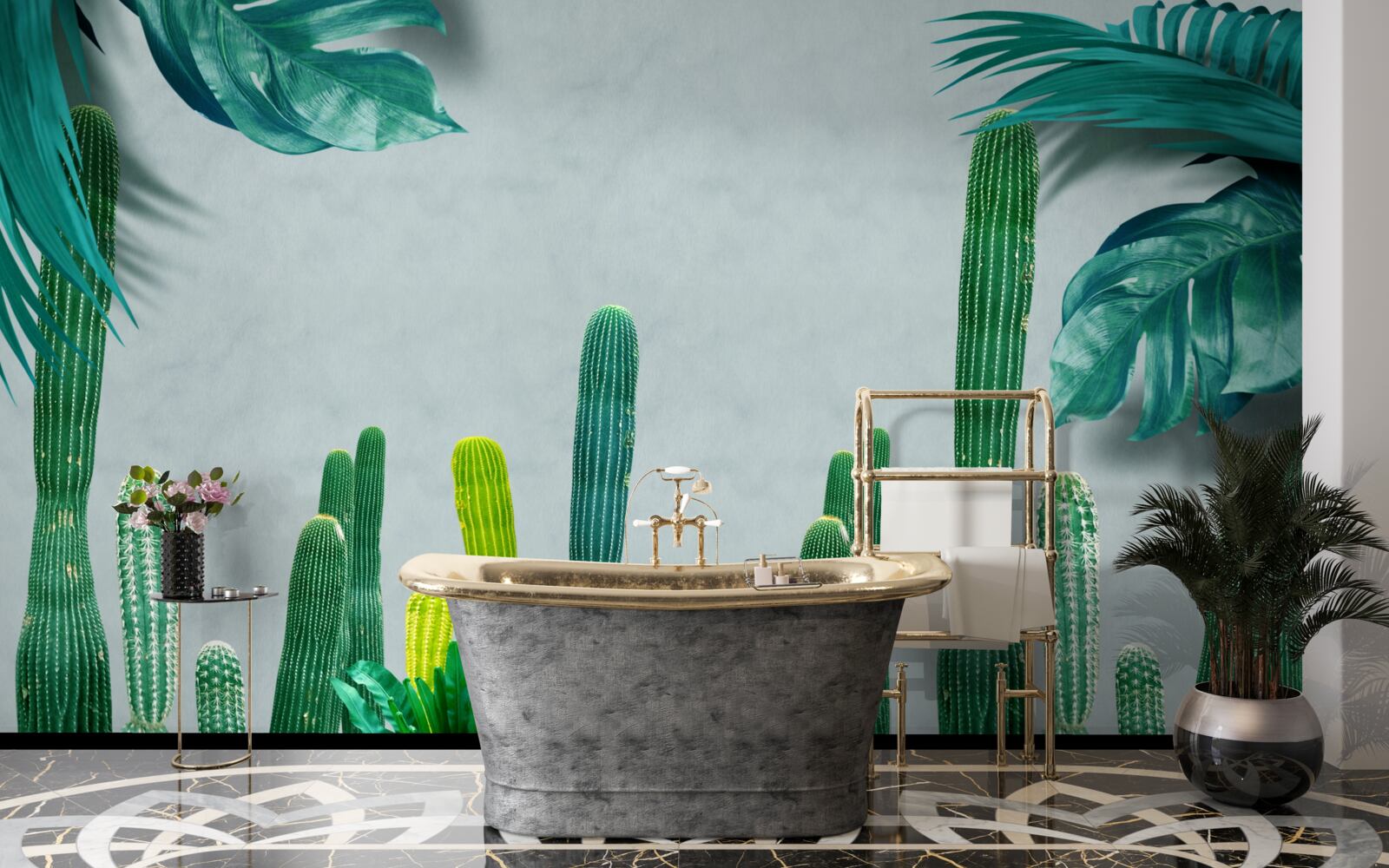Фотошпалери тропічні пальми прикрашені зеленими кактусами