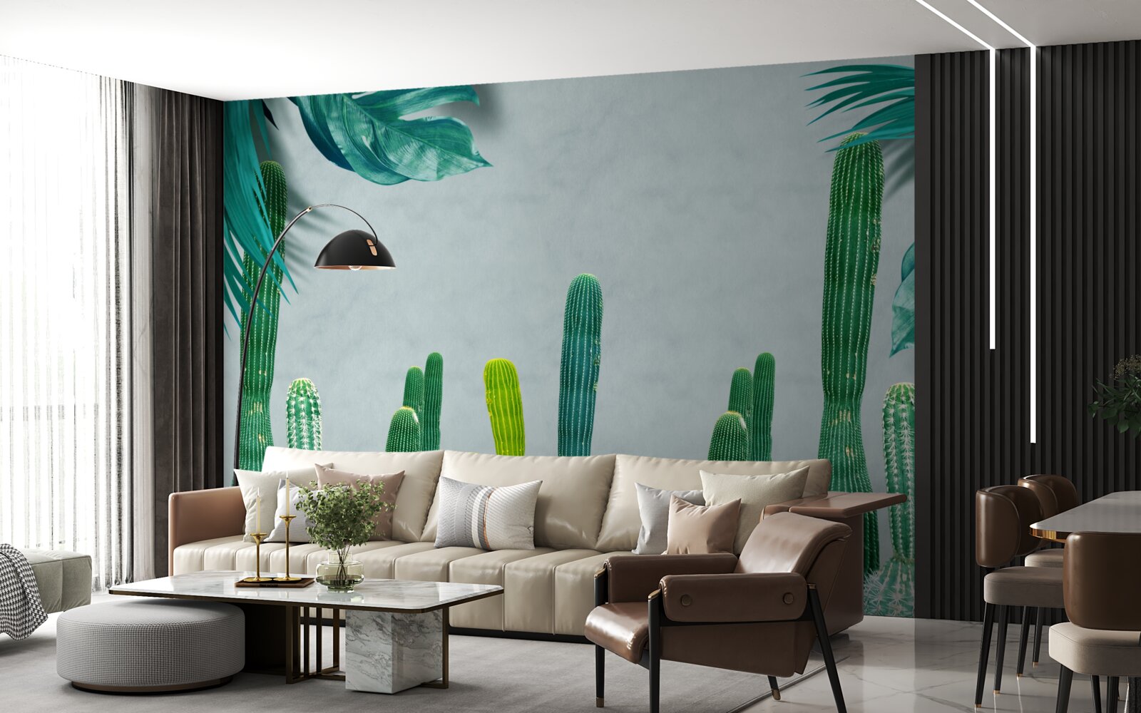 Фотошпалери тропічні пальми прикрашені зеленими кактусами