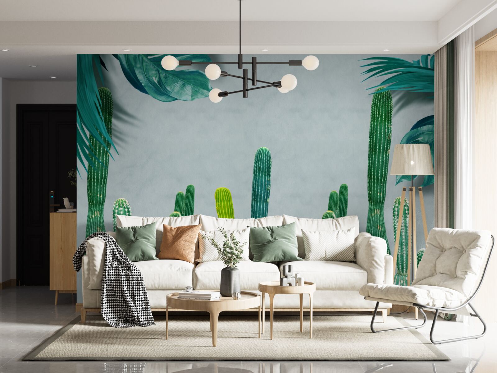 Фотошпалери тропічні пальми прикрашені зеленими кактусами
