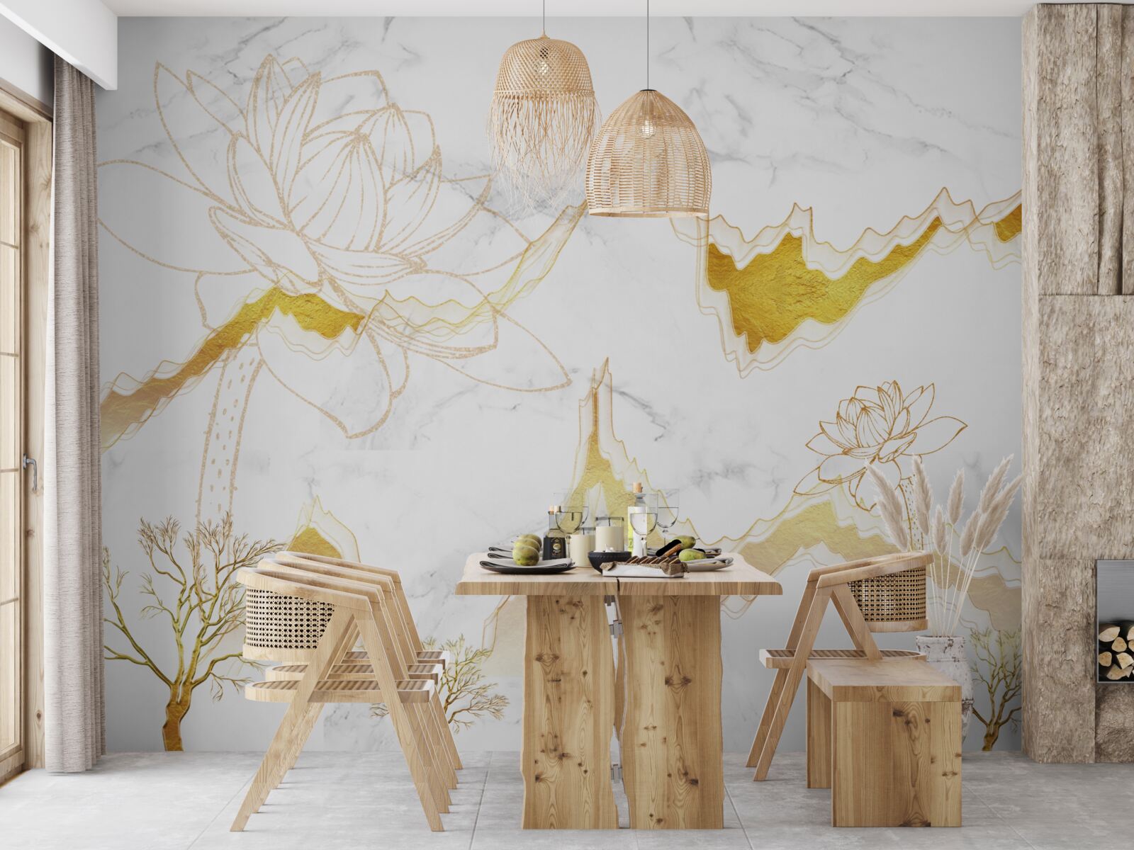 Фотошпалери обриси рослин і дерев на червоному тлі