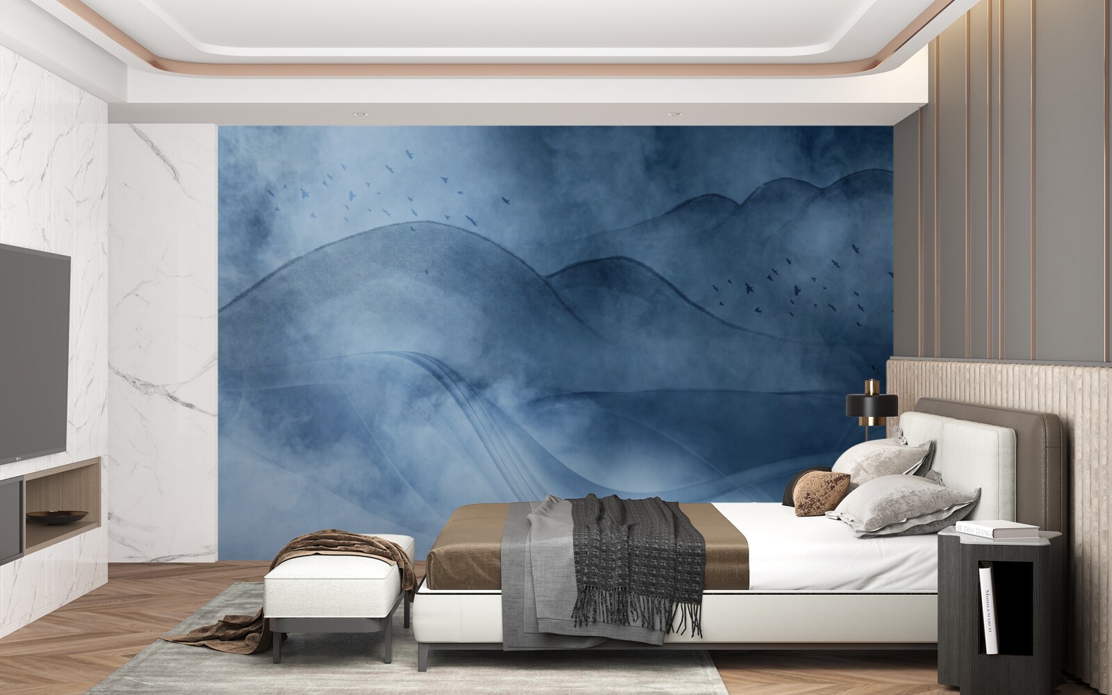 Фотошпалери гори, оповиті туманом, за завісою моря