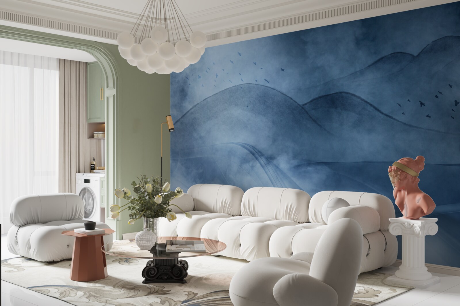 Фотошпалери гори, оповиті туманом, за завісою моря