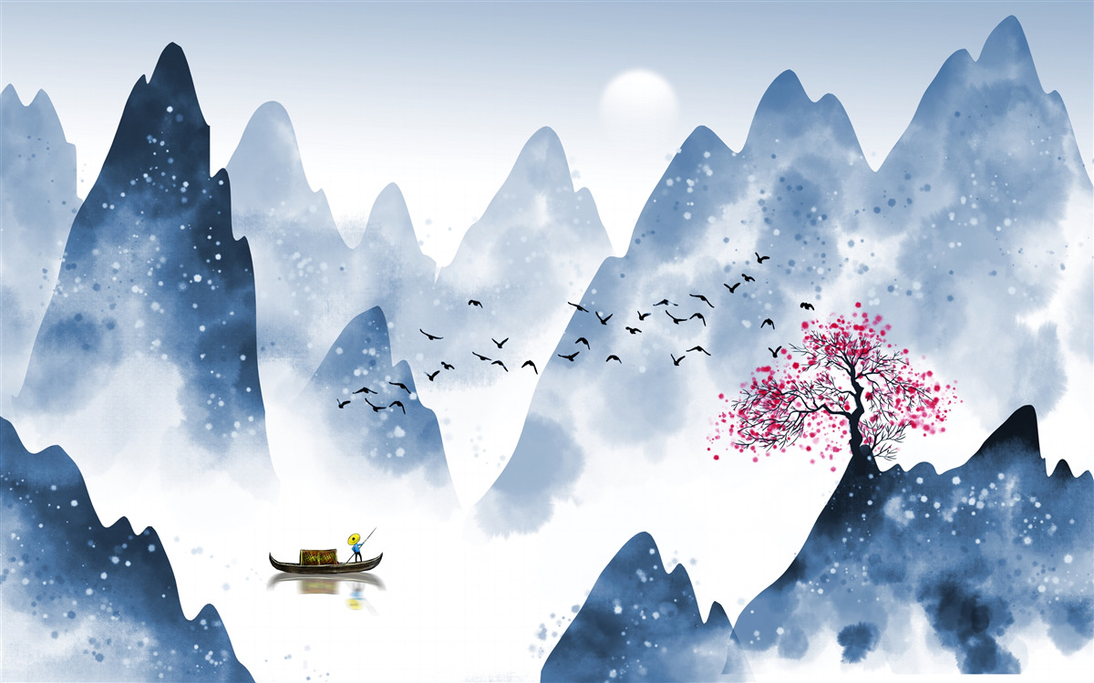 Фотошпалери рибалка повертається через гірське озеро