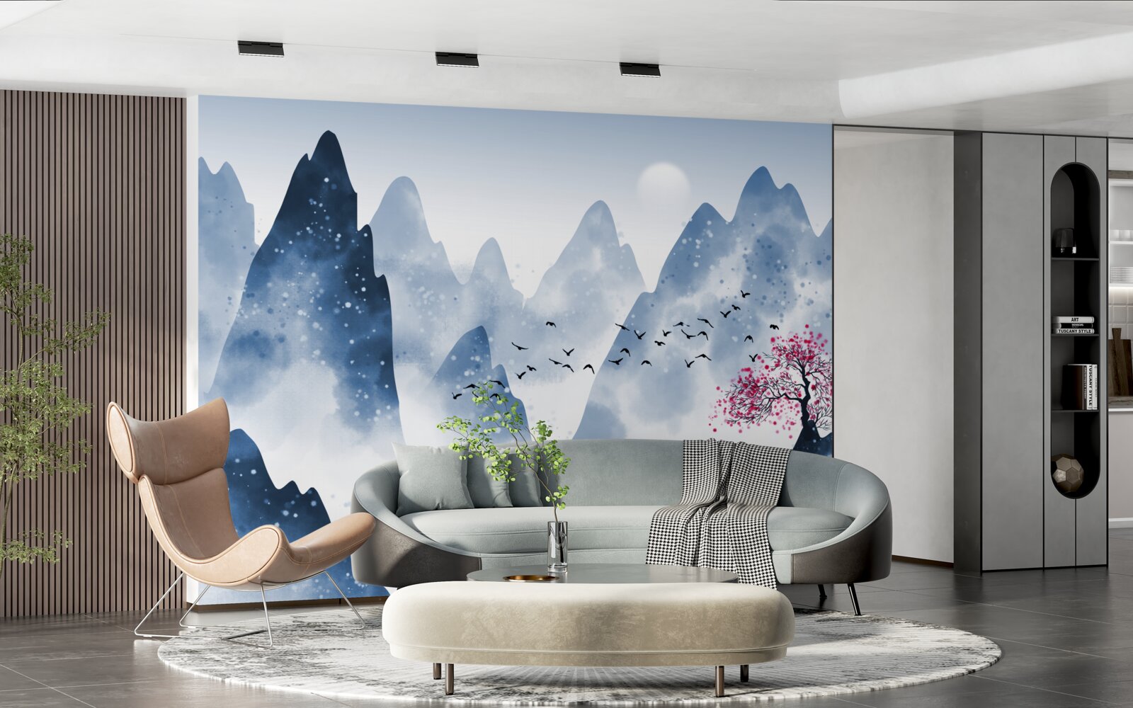 Фотошпалери рибалка повертається через гірське озеро