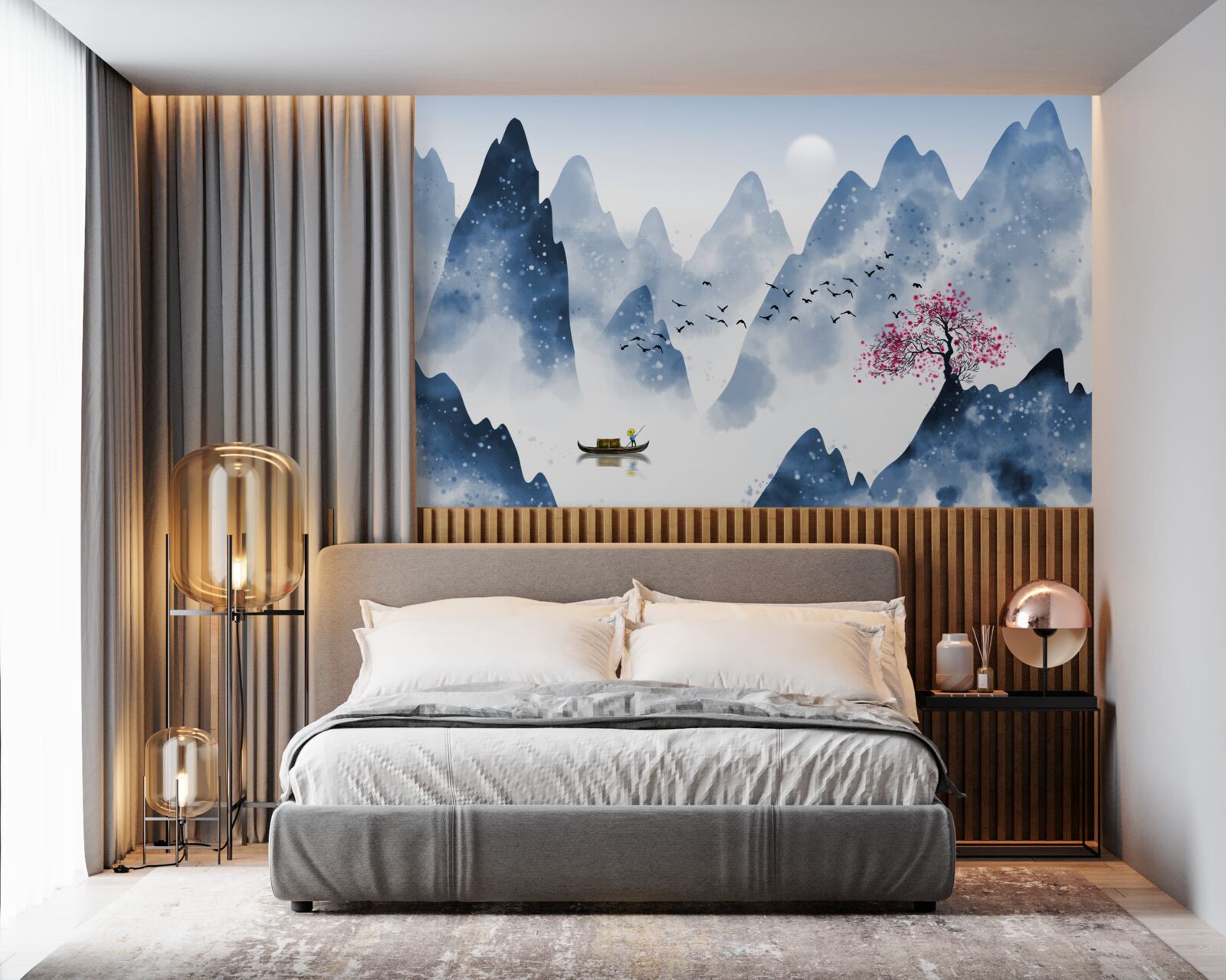 Фотошпалери рибалка повертається через гірське озеро