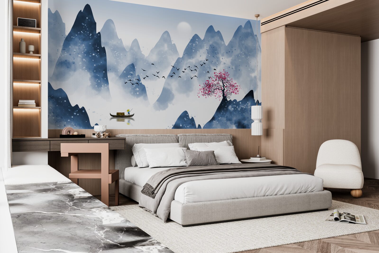 Фотошпалери рибалка повертається через гірське озеро