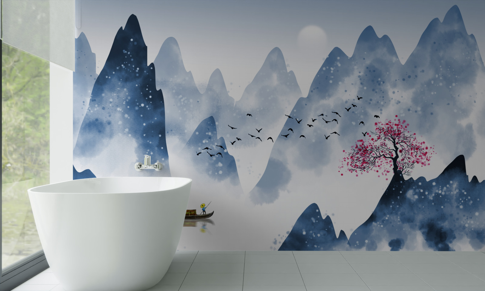 Фотошпалери рибалка повертається через гірське озеро