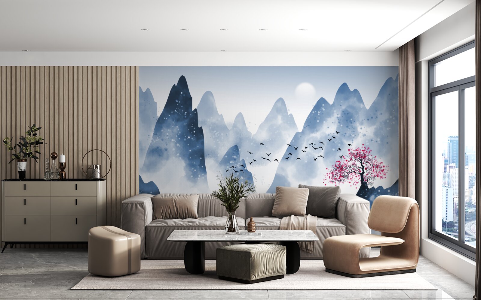 Фотошпалери рибалка повертається через гірське озеро