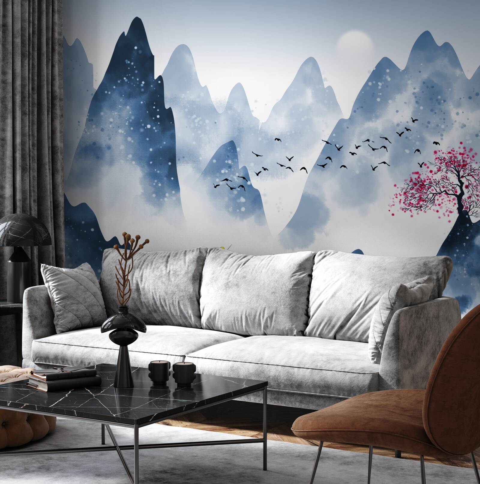 Фотошпалери рибалка повертається через гірське озеро