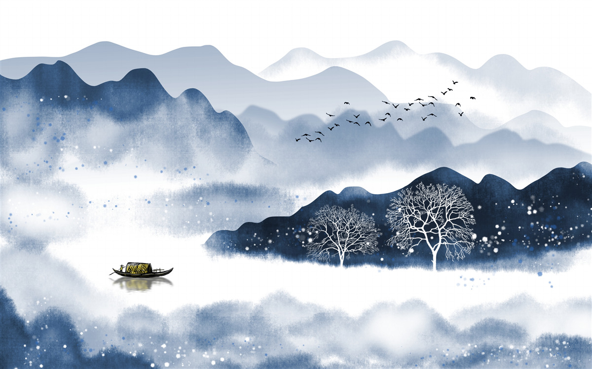 Фотошпалери рибалка повільно пливе по тихій гірській водоймі