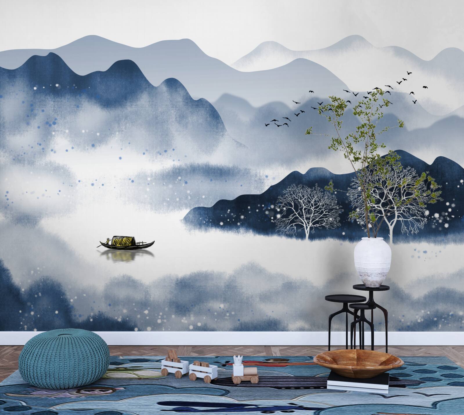 Фотошпалери рибалка повільно пливе по тихій гірській водоймі