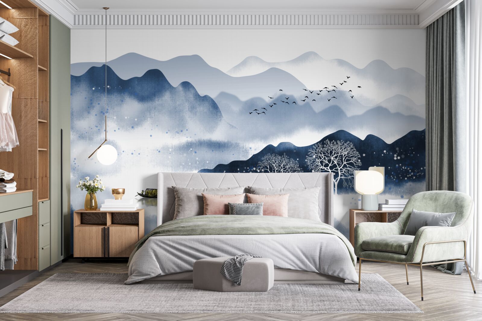 Фотошпалери рибалка повільно пливе по тихій гірській водоймі