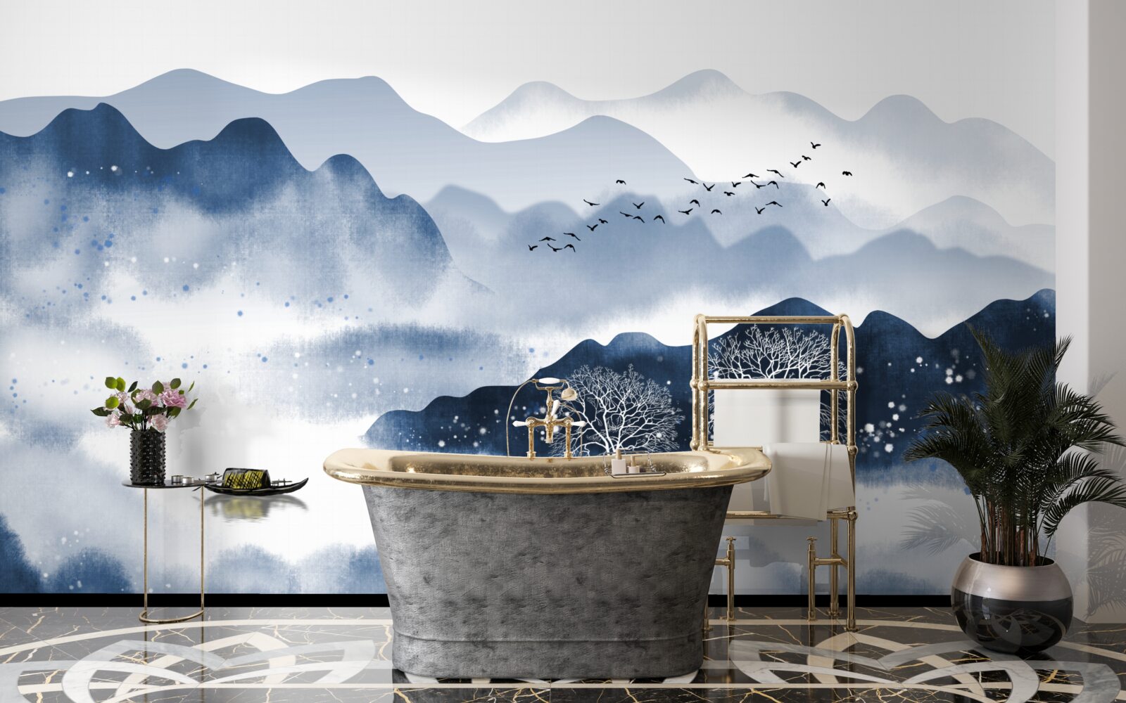 Фотошпалери рибалка повільно пливе по тихій гірській водоймі